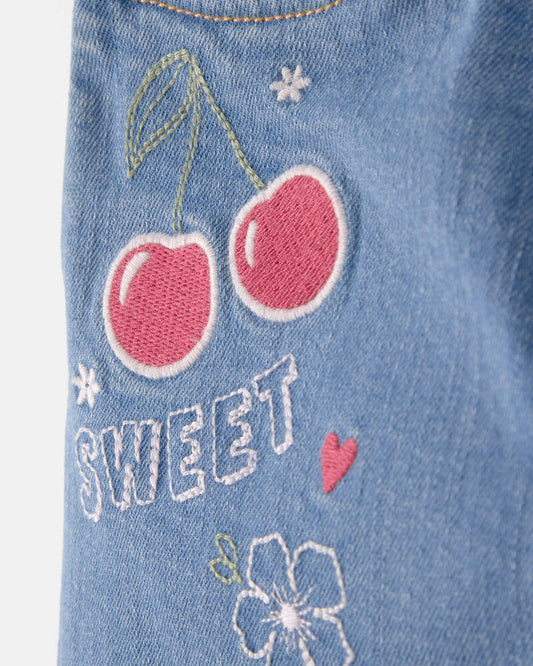 Oshkosh Girls Cherry Denim Embroidered Midi Shorts - Medium Wash