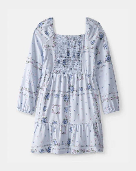 Oshkosh Girls Bandana Smocked Long-Sleeve Dress - Blue