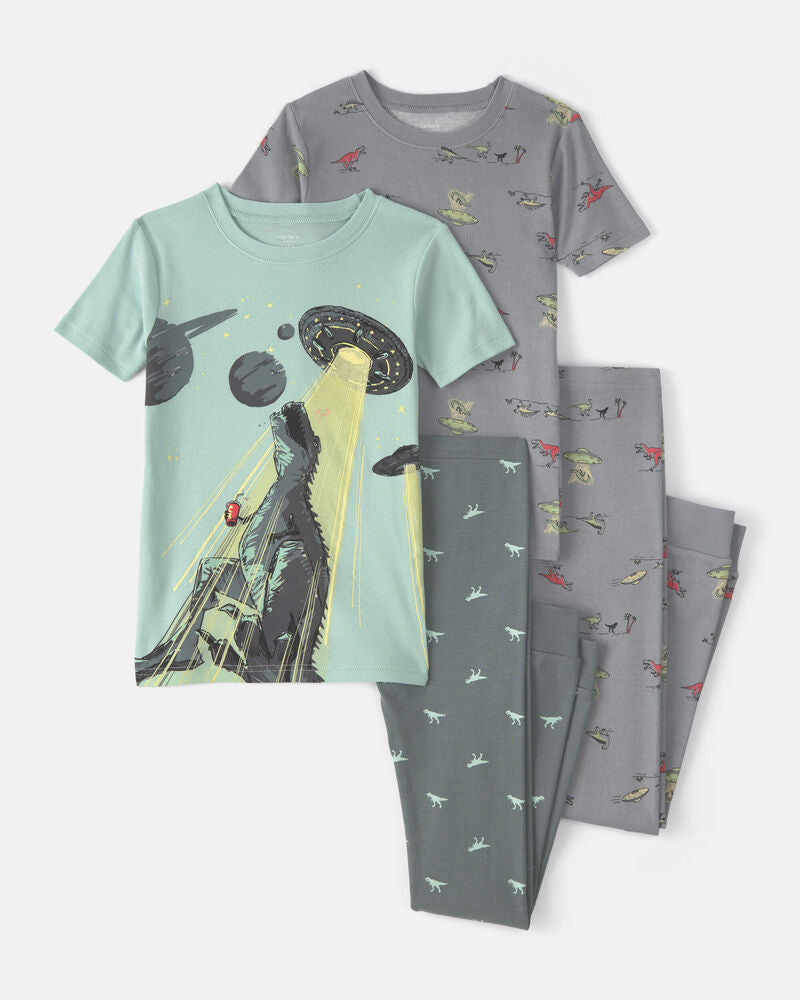 Carter's Boys Dinosaur 100% Cotton Snug Fit 4-Piece Pyjama Set - Green/Grey