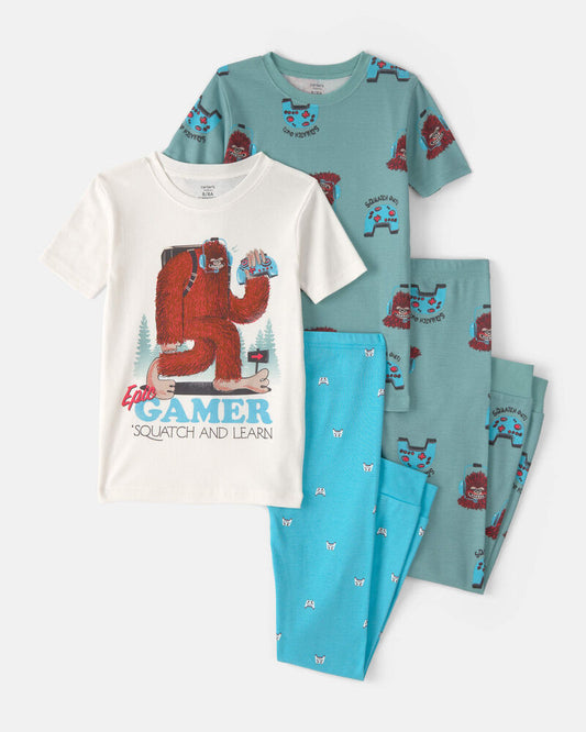 Carter's Boys Bigfoot Gamer 100% Cotton Snug Fit 4-Piece Pyjama Set - Blue/Ivory