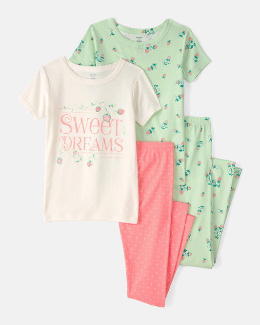 Carter's Girls Strawberry 100% Cotton Snug Fit 4-Piece Pyjama Set - Green/Pink