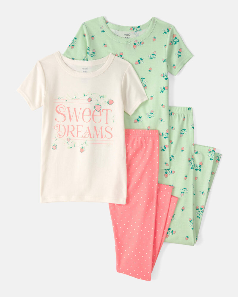 Carter's Girls Strawberry 100% Cotton Snug Fit 4-Piece Pyjama Set - Green/Pink