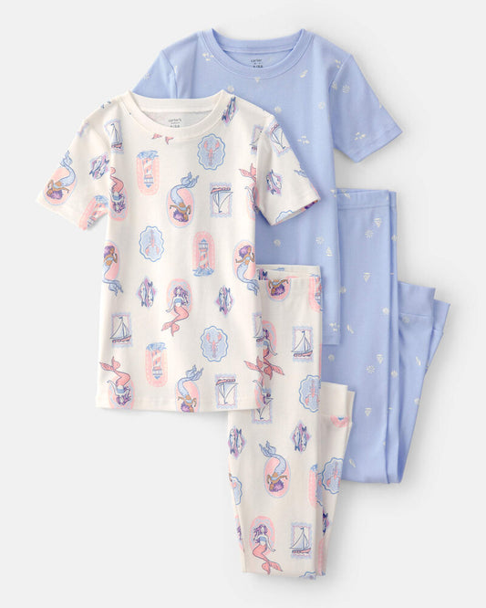 Carter's Girls Mermaid 100% Cotton Snug Fit 4-Piece Pyjama Set - Blue/Ivory