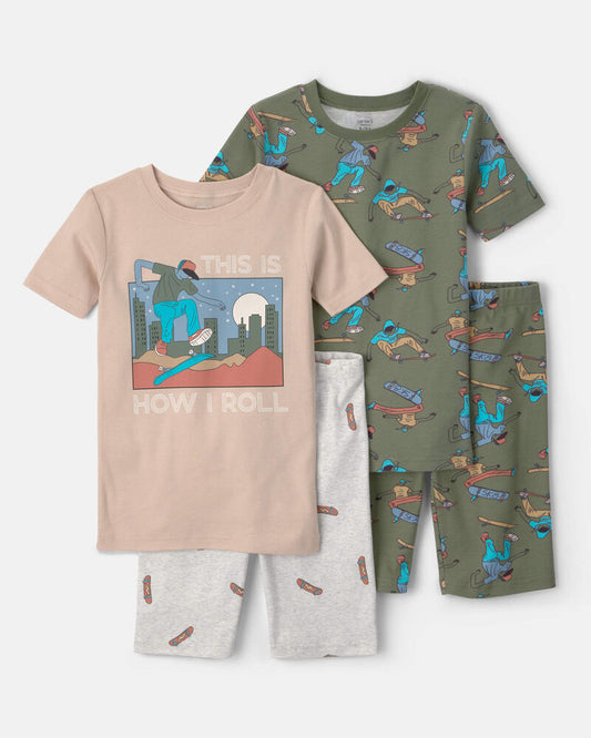 Carter's Boys Skateboard Cotton Short-Sleeve Snug Fit 4-Piece pyjama Set - Green/Brown