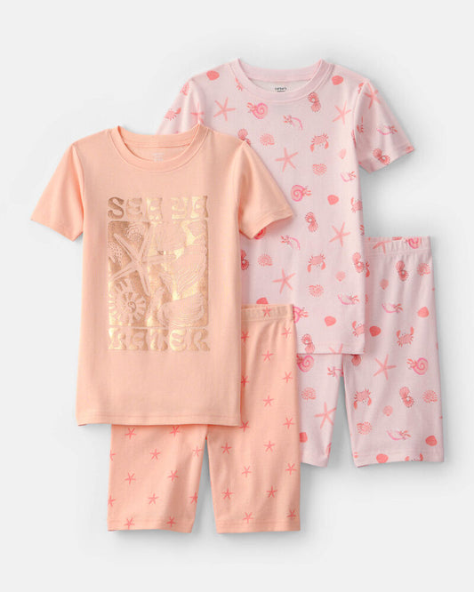 Carter's Girls Seashells 100% Cotton Short-Sleeve Snug Fit 4-Piece pyjama Set - Pink/Orange