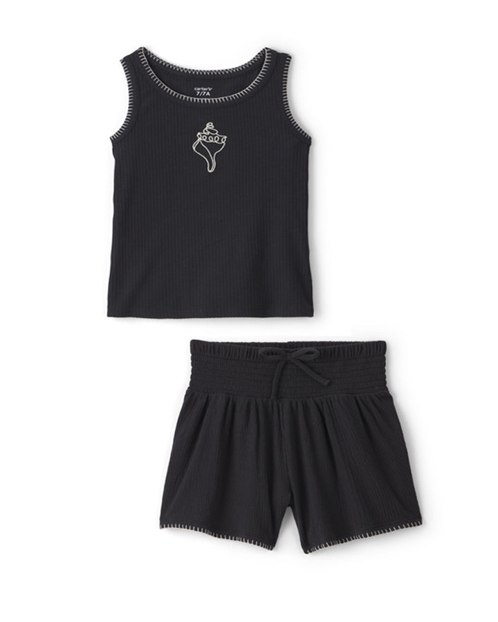 Carter's Girls Shell Embroidered Rib Tank Top with Smocked Crinkle Shorts