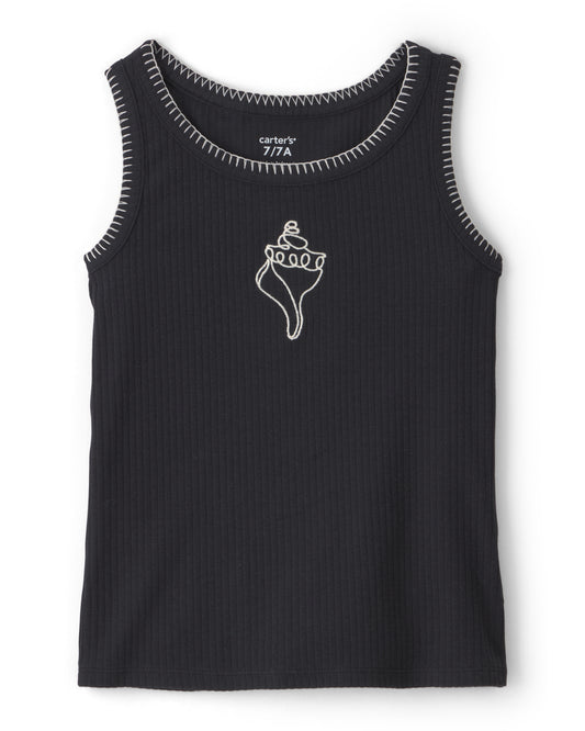 Carter's Girls Shell Embroidered Rib Tank Top with Smocked Crinkle Shorts