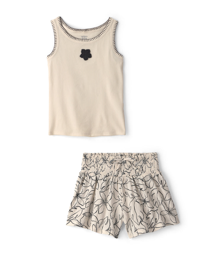 Carter's Girls Flower Embroidered Rib Tank Top with Floral Smocked Crinkle Shorts