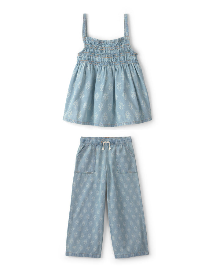 Oshkosh Girls Chambray Floral Smocked Tank Top with Floral Pull-On Pants