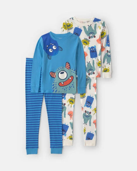 Carter's Boys 4-Piece Monster 100% Cotton Snug Fit Pajama Set - Blue