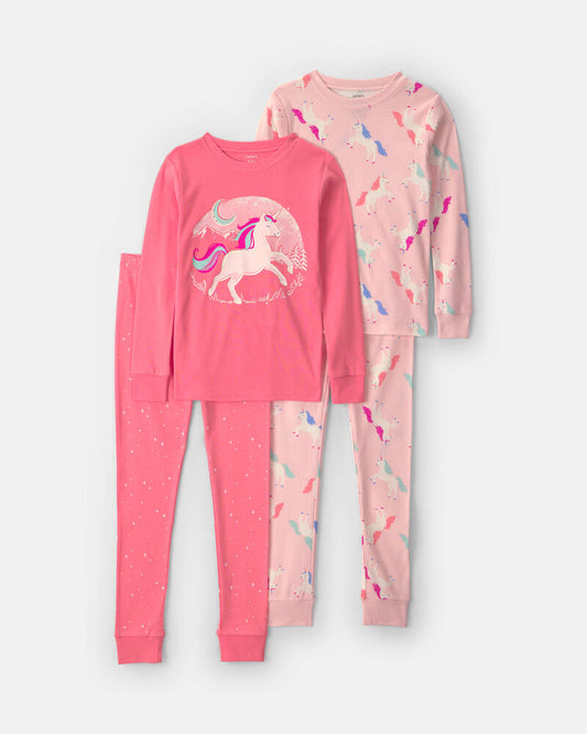 Carter's Girls 4-Piece Unicorn 100% Cotton Snug Fit Pyjama Set - Coral/Pink