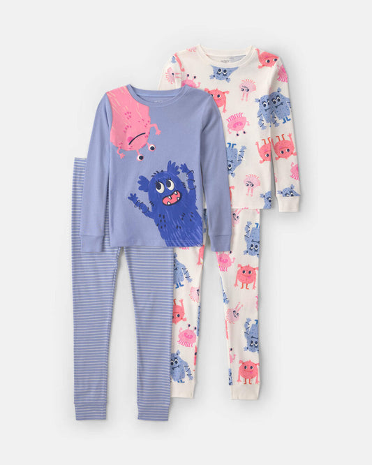 Carter's Girls 4-Piece Monster 100% Cotton Snug Fit Pyjama Set - Blue/Cream
