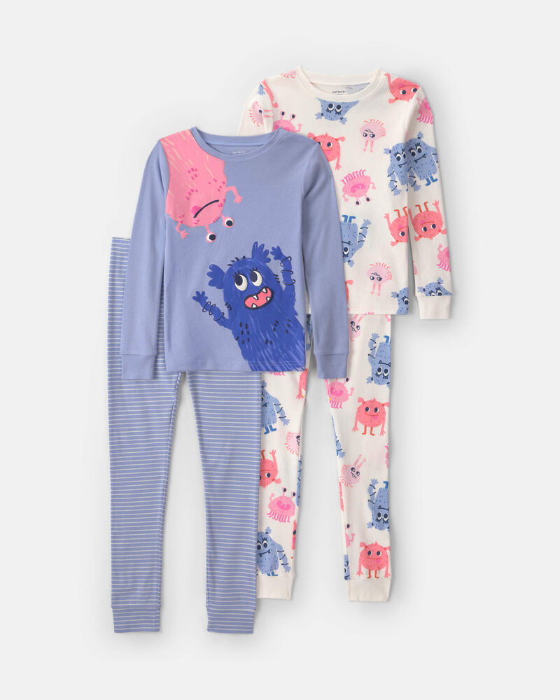 Carter's Girls 4-Piece Monster 100% Cotton Snug Fit Pyjama Set - Blue/Cream